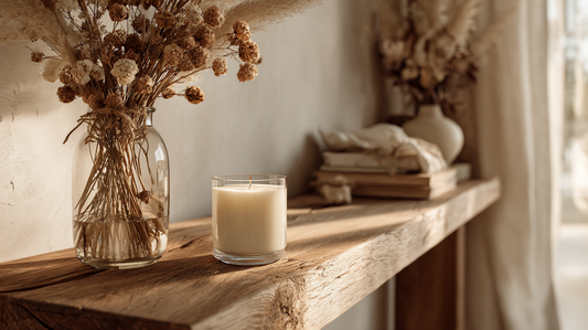 Bougie parfumée placée sur une console en bois dans un intérieur chaleureux et lumineux.
