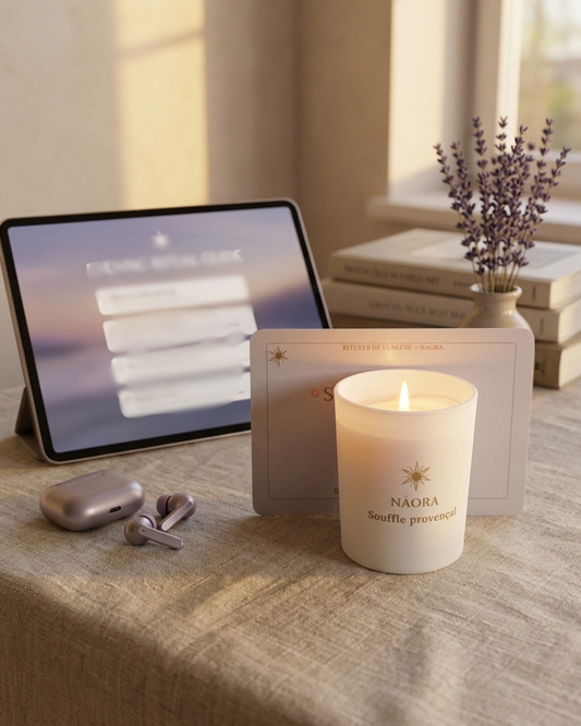 Rituel de Détente NĀORA avec bougie parfumée Souffle Provençal, playlist immersive, carte d’intention et guide numérique pour relâcher les tensions et retrouver un moment de bien-être