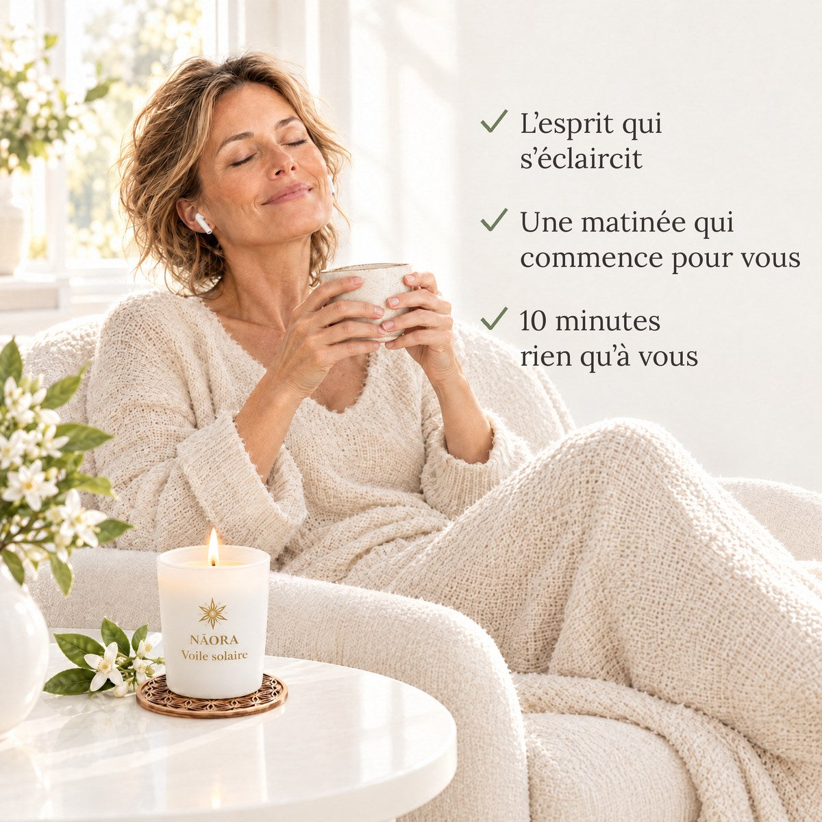 Femme détendue le matin, bougie Voile Solaire allumée